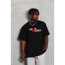 Pomeya  Unisex Bisiklet Yaka Double Oversize Baskılı T-Shirt - Siyah