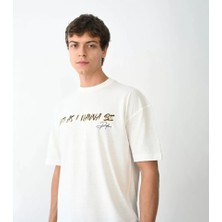 Pomeya  Unisex Bisiklet Yaka Baskılı Oversize T-Shirt - Beyaz