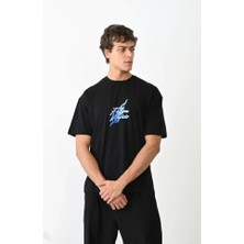 Pomeya  Unisex Bisiklet Yaka Baskılı Oversize T-Shirt - Siyah