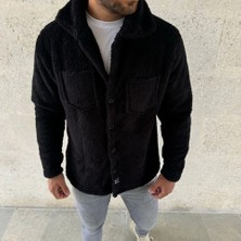 Pomeya  Erkek Pelüş Polar Hırka Gömlek – Yakalı, Ilik Düğmeli, Göğüs Cepli, Yumuşak Dokulu Kışlık Regular Fit Rahat Günlük Model - Siyah
