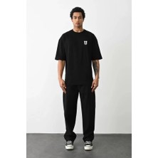 Pomeya  Unisex Bisiklet Yaka Baskılı Oversize T-Shirt - Siyah