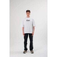 Pomeya  Unisex Bisiklet Yaka Baskılı Oversize T-Shirt - Siyah