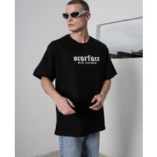 Pomeya  Unisex Bisiklet Yaka Baskılı Oversize T-Shirt - Siyah