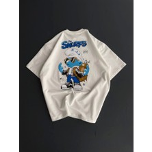 Pomeya  Ön ve Arka Baskılı Oversize Bisiklet Yaka T-Shirt- Beyaz