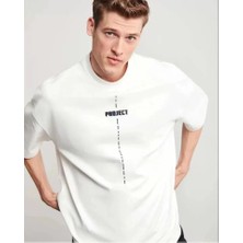 Pomeya  Unisex Bisiklet Yaka Baskılı Oversize T-Shirt - Beyaz