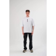 Pomeya  Unisex Bisiklet Yaka Baskılı Oversize T-Shirt - Beyaz