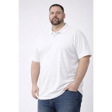 Pomeya  Erkek Pike Kumaş Düğmeli Yaka Battal Büyük Beden Günlük Kısa Kol Tişört T-Shirt - Beyaz