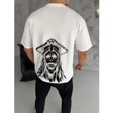 Pomeya  Unisex Bisiklet Yaka Baskılı Oversize T-Shirt - Beyaz