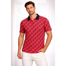 Pomeya  Erkek Pike Kumaş Polo Yaka Palmiye Desenli Tişört Kısa Kol Yazlık T-Shirt - Kırmızı