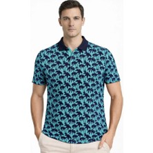 Pomeya  Erkek Pike Kumaş Polo Yaka Palmiye Desenli Tişört Kısa Kol Yazlık T-Shirt - Turkuaz