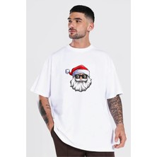 Pomeya  Yılbaşı Gözlüklü Noel Baba Baskılı Kısa Kollu Oversize Bisiklet Yaka T-Shirt - Beyaz