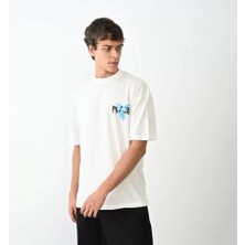Pomeya  Unisex Bisiklet Yaka Baskılı Oversize T-Shirt - Beyaz