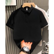 Pomeya  Yakası Düğmeli Yakalı Pike Düz T-Shirt - Siyah