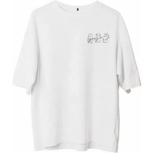 Pomeya  Unisex Bisiklet Yaka Baskılı Oversize T-Shirt - Beyaz