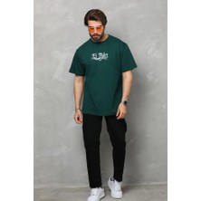 Pomeya  Unisex Bisiklet Yaka Baskılı Oversize T-Shirt - Yeşil