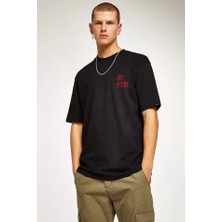 Pomeya  Unisex Bisiklet Yaka Oversize Baskılı T-Shirt - Siyah