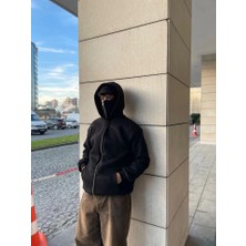 Pomeya  Samuray Ninja Çift Kapşonlu Zıp Fermuarlı Kanguru Çepli Tam Fermuarlı Hoodie Swetshirt - Siyah