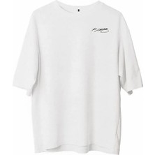 Pomeya  Unisex Bisiklet Yaka Baskılı Oversize T-Shirt - Beyaz