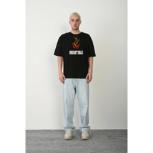 Pomeya  Unisex Bisiklet Yaka Baskılı Oversize T-Shirt - Siyah