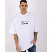 Pomeya  Unisex Bisiklet Yaka Baskılı Oversize T-Shirt - Beyaz