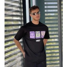 Pomeya  Unisex Bisiklet Yaka Baskılı Oversize T-Shirt - Siyah