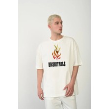 Pomeya  Unisex Bisiklet Yaka Baskılı Oversize T-Shirt - Beyaz