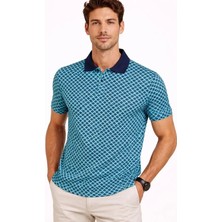 Pomeya  Erkek Pike Kumaş Polo Yaka Desenli Tişört Kısa Kol Yazlık T-Shirt - Turkuaz