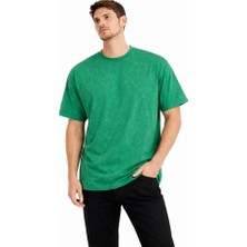 Pomeya  Erkek Asit Yıkama Bisiklet Yaka Kısa Kollu Oversize T-Shirt Tişört - Yeşil