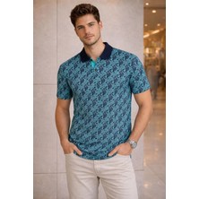 Pomeya  Erkek Pike Kumaş Polo Yaka Palmiye Desenli Tişört Kısa Kol Yazlık T-Shirt - Turkuaz