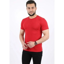 Pomeya  Erkek Basic Tişört Bisiklet Yaka Kısa Kol Günlük Yazlık Slim Fit T-Shirt - Kırmızı