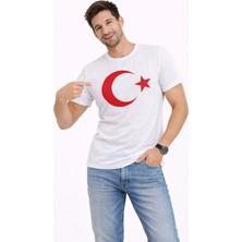Pomeya  Erkek T-Shirt Kısa Kol Bisiklet Yaka Ay Yıldız Bayrak Baskılı Tişört - Beyaz