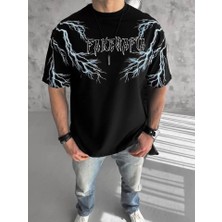 Pomeya  Unisex Bisiklet Yaka Baskılı Oversize T-Shirt - Siyah