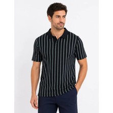Pomeya  Erkek Pike Kumaş Çizgili Polo Yaka Tişört Kısa Kol Yazlık T-Shirt - Siyah