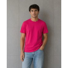 Pomeya  Erkek Basic Pamuklu Tişört Bisiklet Yaka Düz Renk Regular Fit T-Shirt - Fuşya