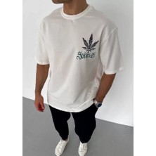 Pomeya  Unisex Bisiklet Yaka Baskılı Oversize T-Shirt - Beyaz