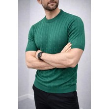 Pomeya  Erkek Yazlık Triko Dokuma Tişört Kısa Kol Bisiklet Yaka Örgü Desenli T-Shirt - Haki
