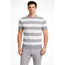 Pomeya  Erkek T-Shirt Çizgili Triko Dokuma Bisiklet Yaka Tişört - Gri