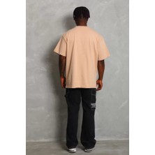Pomeya  Unisex Oversize Düz Bisiklet Yaka T-Shirt - Bej