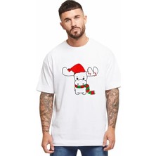 Pomeya  Yılbaşı Noel Ren Geyiği Baskılı Kısa Kollu Oversize Bisiklet Yaka T-Shirt - Beyaz