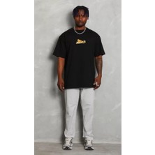 Pomeya  Unisex Bisiklet Yaka Baskılı Oversize T-Shirt - Siyah
