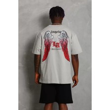 Pomeya  Unisex Oversize Baskılı Bisiklet Yaka T-Shirt - Gri
