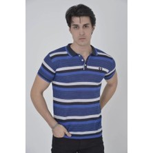 Pomeya  Erkek Yakalı Slim Fit Dokuma Çizgili T-Shirt - Mavi