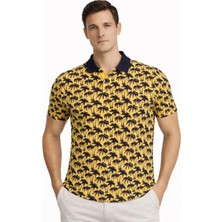Pomeya  Erkek Pike Kumaş Polo Yaka Palmiye Desenli Tişört Kısa Kol Yazlık T-Shirt - Sarı