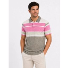 Pomeya  Erkek Flamlı Penye Çizgili Polo Yaka Tişört Kısa Kol Yazlık T-Shirt - Gri