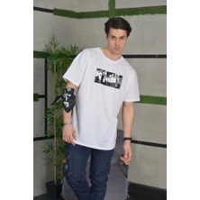 Pomeya  Unisex Bisiklet Yaka Baskılı Oversize T-Shirt - Beyaz