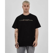 Pomeya  Unisex Bisiklet Yaka Baskılı Oversize T-Shirt - Siyah