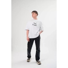 Pomeya  Unisex Bisiklet Yaka Baskılı Oversize T-Shirt - Beyaz
