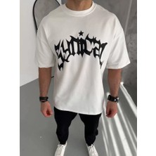 Pomeya  Unisex Bisiklet Yaka Baskılı Oversize T-Shirt - Beyaz