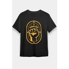 Pomeya  1 Mayıs Labor Day Emekçi Temalı Baskılı Oversize Bisiklet Yaka T-Shirt - Siyah