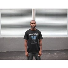 Pomeya  Unisex Bisiklet Yaka Baskılı Oversize T-Shirt - Siyah